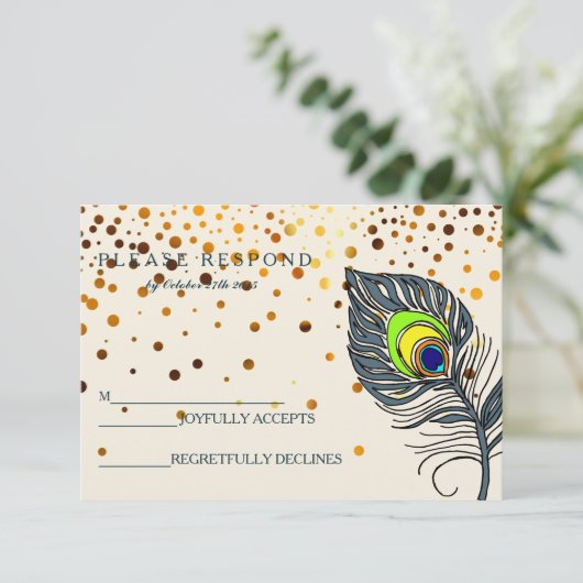 Glitter Confetti Peacock Feather Blue RSVP (Staand voorkant)