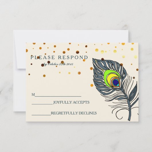 Glitter Confetti Peacock Feather Blue RSVP Kaartje (Voorkant)