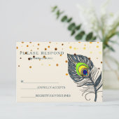 Glitter Confetti Peacock Feather Blue RSVP Kaartje (Staand voorkant)