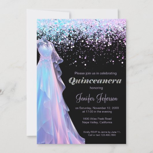 Glitter confetti Quinceanera uitnodiging (Voorkant)