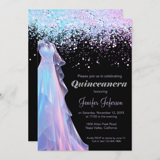 Glitter confetti Quinceanera uitnodiging (Voorkant / Achterkant)