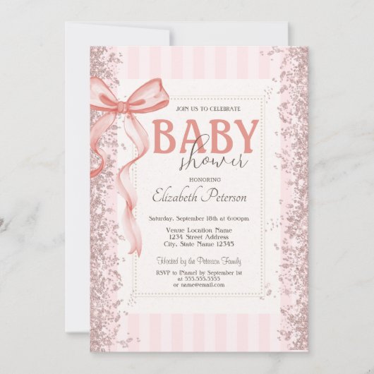 Glitter Confetti Roze Bow Gestreept Baby shower Kaart (Voorkant)
