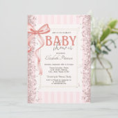 Glitter Confetti Roze Bow Gestreept Baby shower Kaart (Staand voorkant)