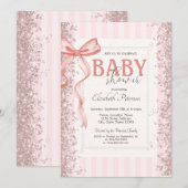 Glitter Confetti Roze Bow Gestreept Baby shower Kaart (Voorkant / Achterkant)