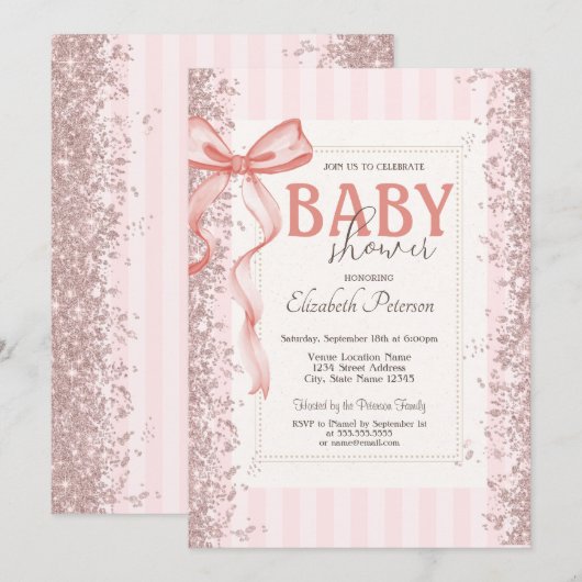 Glitter Confetti Roze Bow Gestreept Baby shower Kaart (Voorkant / Achterkant)