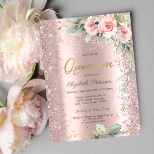 Glitter Confetti Roze Goud Rozen Quinceanera Kaart