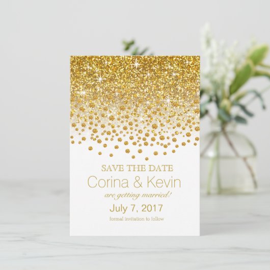 Glitter Confetti Shower Save the Date Gold white (Staand voorkant)