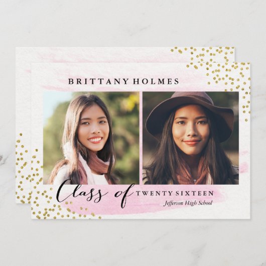 Glitter Confetti Sprinkle 2 Foto Afstuderen roze Kaart (Voorkant / Achterkant)
