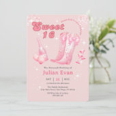 Glitter Cowgirl Pink Bow Boots Sweet 16 Uitnodigin Kaart (Staand voorkant)