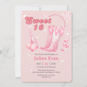 Glitter Cowgirl Pink Bow Boots Sweet 16 Uitnodigin Kaart (Voorkant)