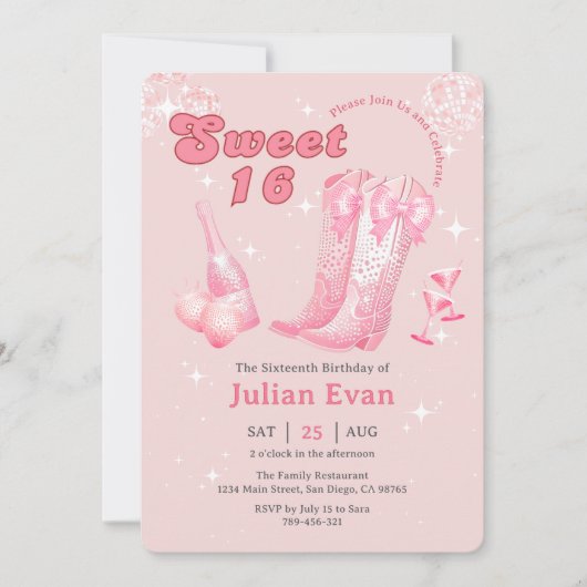 Glitter Cowgirl Pink Bow Boots Sweet 16 Uitnodigin Kaart (Voorkant)