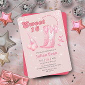 Glitter Cowgirl Pink Bow Boots Sweet 16 Uitnodigin Kaart