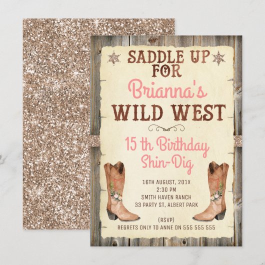 Glitter Cowgirl Wild West Verjaardag Uitnodiging (Voorkant / Achterkant)