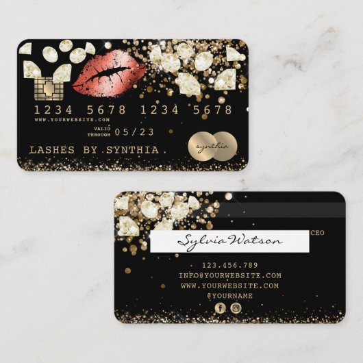 Glitter Credit Debit Card styling Glitter Gold lip Visitekaartje (Voorkant / Achterkant)