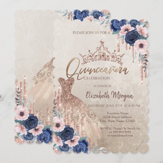 Glitter Crown Drivers, Dress, Blue Rozen Quinceañe Kaart (Voorkant / Achterkant)