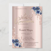 Glitter Crown Drop Blue Flowers Quinceañera Kaart (Voorkant)