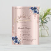 Glitter Crown Drop Blue Flowers Quinceañera Kaart (Staand voorkant)