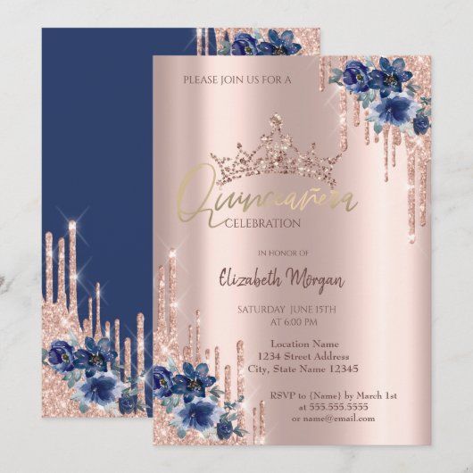 Glitter Crown Drop Blue Flowers Quinceañera Kaart (Voorkant / Achterkant)
