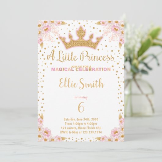 Glitter Crown Party Uitnodigen voor Meisjes Kaart (Staand voorkant)