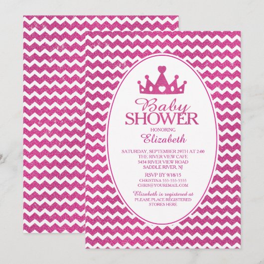 Glitter Crown Princess Baby shower Uitnodiging (Voorkant / Achterkant)