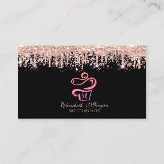 Glitter Cupcake Rose Gold Drips Bakery Black  Visitekaartje (Voorkant)