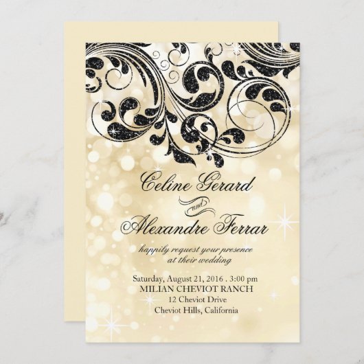 Glitter Curlicues op Faux Metallic Bokeh ivoor Kaart (Voorkant / Achterkant)