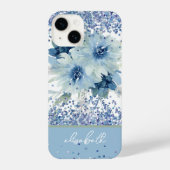 Glitter Custom Blue Floral - Aangepaste naam iPhone Hoesje (Achterkant)