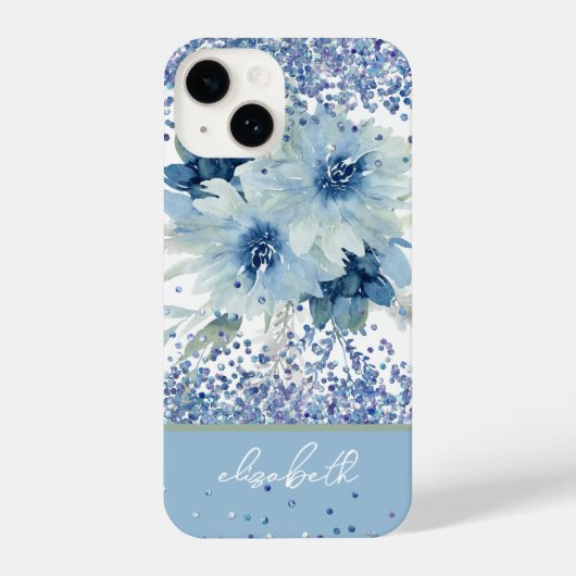 Glitter Custom Blue Floral - Aangepaste naam iPhone Hoesje (Achterkant)
