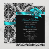 Glitter Damask & Blauwgroen Jewel Bow Sweet 16 Inv Kaart (Voorkant / Achterkant)