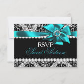 Glitter Damask & Blauwgroen Jewel Bow Sweet 16 RSV RSVP Kaartje (Voorkant)