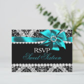 Glitter Damask & Blauwgroen Jewel Bow Sweet 16 RSV RSVP Kaartje (Staand voorkant)