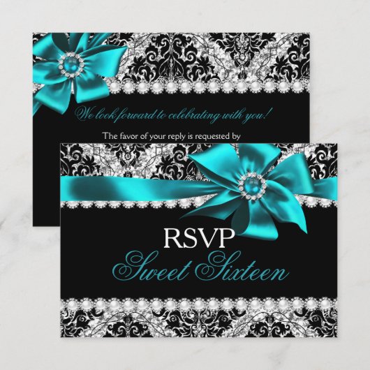 Glitter Damask & Blauwgroen Jewel Bow Sweet 16 RSV RSVP Kaartje (Voorkant / Achterkant)