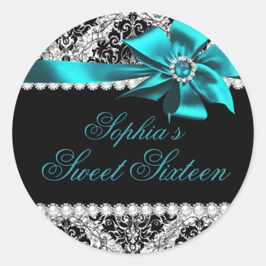 Glitter Damask & Jewel Blauwgroen Bow Sweet 16 Sti Ronde Sticker (Voorkant)