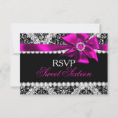Glitter Damask & Pink Jewel Bow Sweet 16 RSVP (Voorkant)