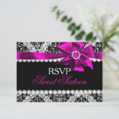 Glitter Damask & Pink Jewel Bow Sweet 16 RSVP (Staand voorkant)