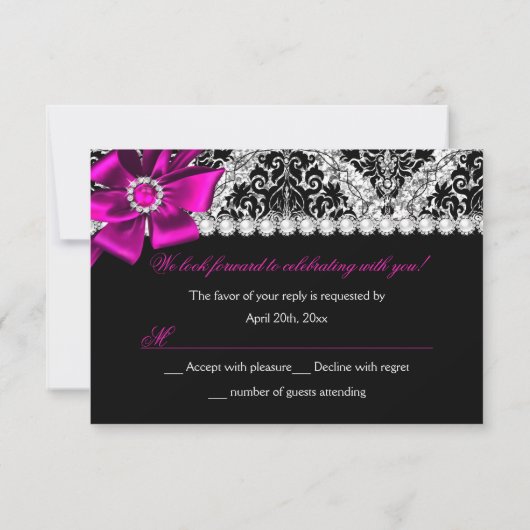 Glitter Damask & Pink Jewel Bow Sweet 16 RSVP (Achterkant)