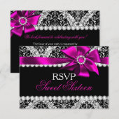 Glitter Damask & Pink Jewel Bow Sweet 16 RSVP (Voorkant / Achterkant)