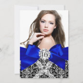 Glitter Damask & Royal Blue Bow Sweet 16 Foto Kaart (Voorkant)