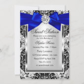 Glitter Damask & Royal Blue Bow Sweet 16 Foto Kaart (Achterkant)