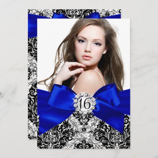 Glitter Damask & Royal Blue Bow Sweet 16 Foto Kaart (Voorkant / Achterkant)