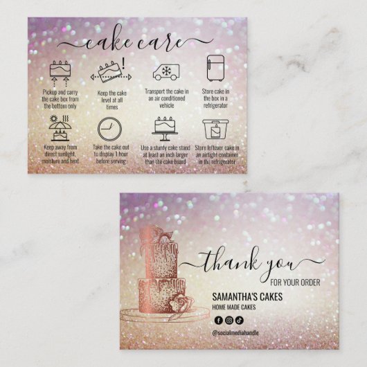 Glitter Dank u Cake Care Instructies Visitekaartje (Voorkant / Achterkant)