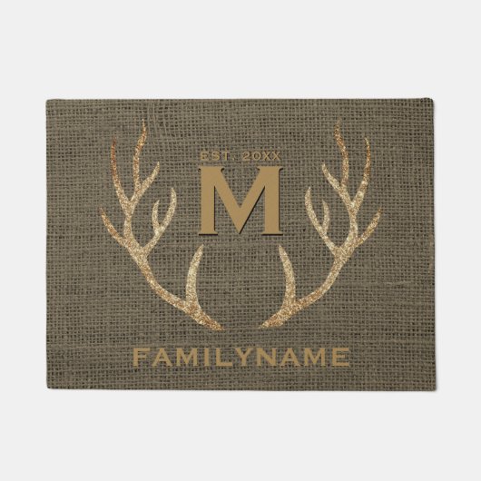 Glitter Deer Antlers Rustic Burlap Family Monogram Deurmat (Voorkant)