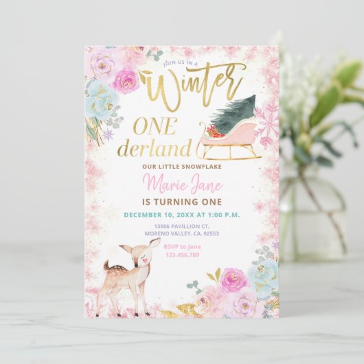 Glitter Deer Pink Winter Onederland  Kaart (Staand voorkant)