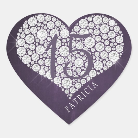 Glitter diamanten hart paarse pruim quinceanera hart sticker (Voorkant)