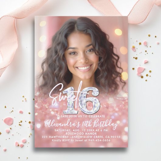 Glitter Diamonds Rose Gold Chic Photo Sweet 16 Kaart