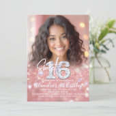 Glitter Diamonds Rose Gold Chic Photo Sweet 16 Kaart (Staand voorkant)