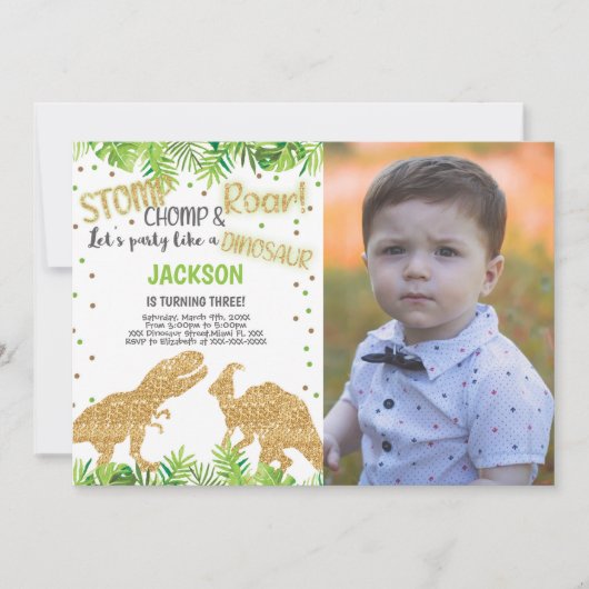Glitter Dinosaurs Verjaardag Uitnodigingen met Fot (Voorkant)