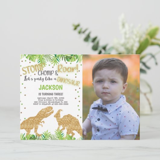 Glitter Dinosaurs Verjaardag Uitnodigingen met Fot (Staand voorkant)