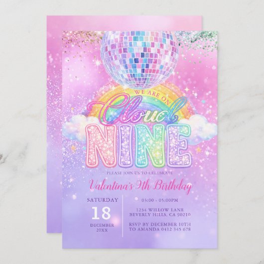 Glitter Disco Ball Pastel Cloud Nine Birthday Kaart (Voorkant / Achterkant)