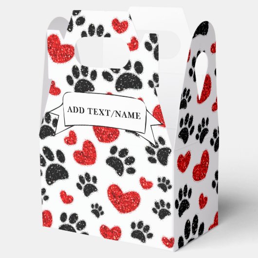 Glitter Dog Paw Prints en Red Hearts Custom Name Bedankdoosjes (Geopend)